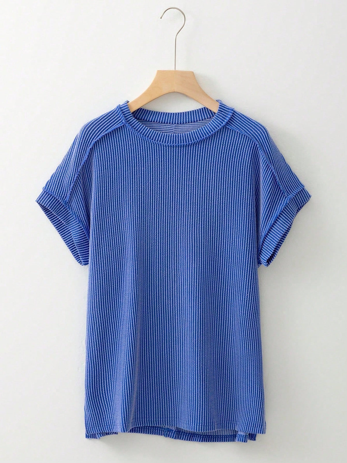 Acelitt Summer Casual Solid Color Loose Knit Textured Striped Crew Neck Short Sleeve T-Shirt