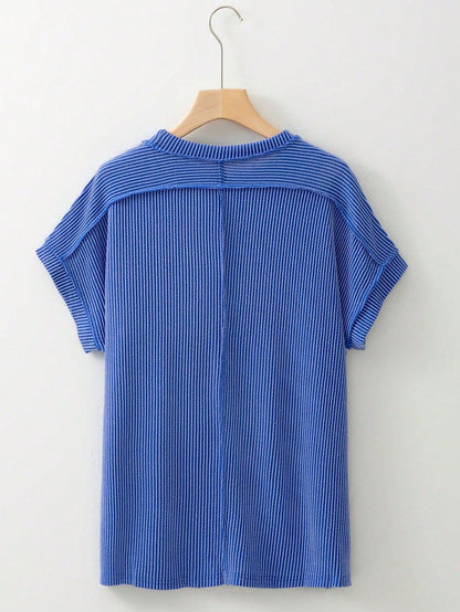 Acelitt Summer Casual Solid Color Loose Knit Textured Striped Crew Neck Short Sleeve T-Shirt