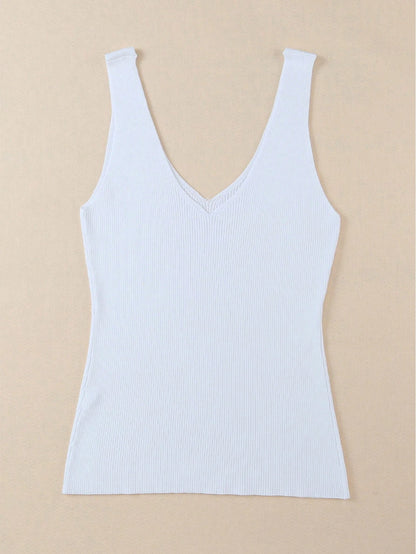 Acelitt Women's Solid Color Casual Vacation Sleeveless V-Neck Knitted Knit Tank Top, Fashion Backless, Summer White