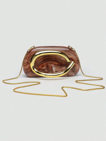 Acrylic Clutch Purse & Metallic Evening Handbag For Women- Unique Metal Handle Purse, Vintage Box Clutch, And Glamorous Crossbody Shoulder Bag