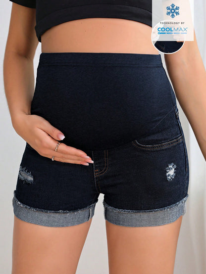 Adjustable Waist Distressed Casual Denim Shorts For Pregnant Women Navy Blue Summer