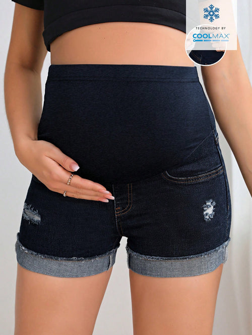 Adjustable Waist Distressed Casual Denim Shorts For Pregnant Women Navy Blue Summer