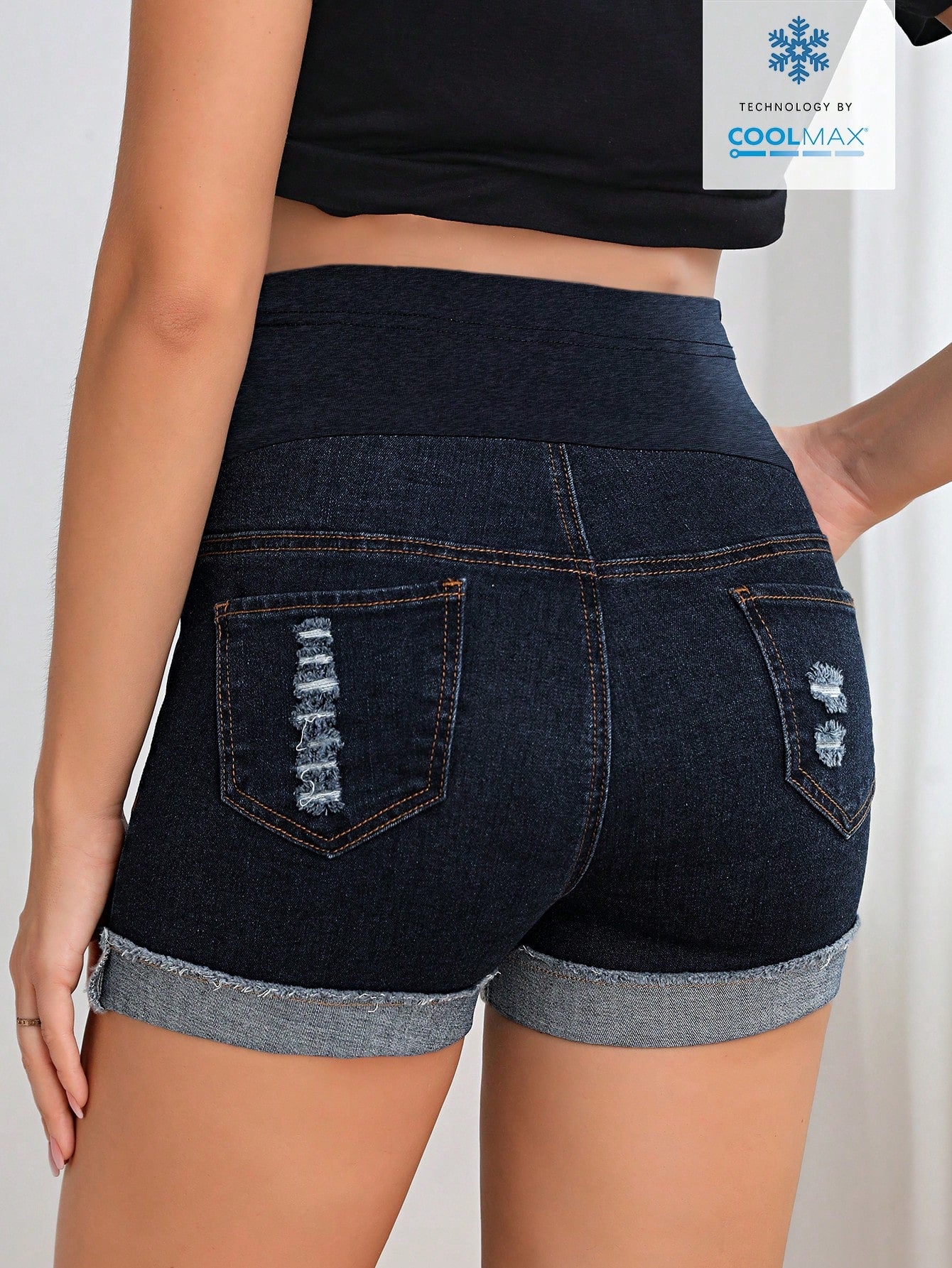 Adjustable Waist Distressed Casual Denim Shorts For Pregnant Women Navy Blue Summer
