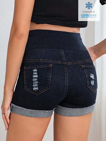 Adjustable Waist Distressed Casual Denim Shorts For Pregnant Women Navy Blue Summer
