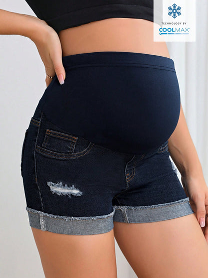 Adjustable Waist Distressed Casual Denim Shorts For Pregnant Women Navy Blue Summer