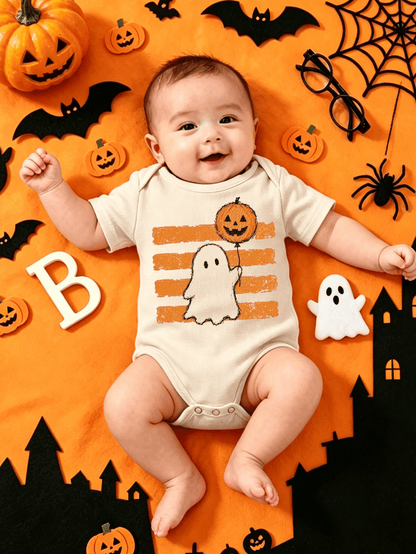 Adorable Cute Toddler Newborn Infant Kids Girls Boys Halloween Spooky Ghost Pumpkin Balloon Striped Graphic Print Short Sleeve Crew Neck Bodysuit Top