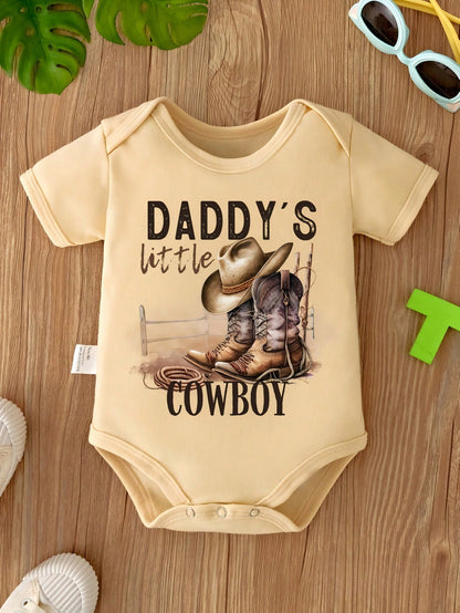 Adorable Newborn Infant Toddler Baby Boys Daddy's Little Cowboy Hat Boots Rope Fence Ranch Western Graphic Print Short Sleeve Crew Neck Bodysuit Top