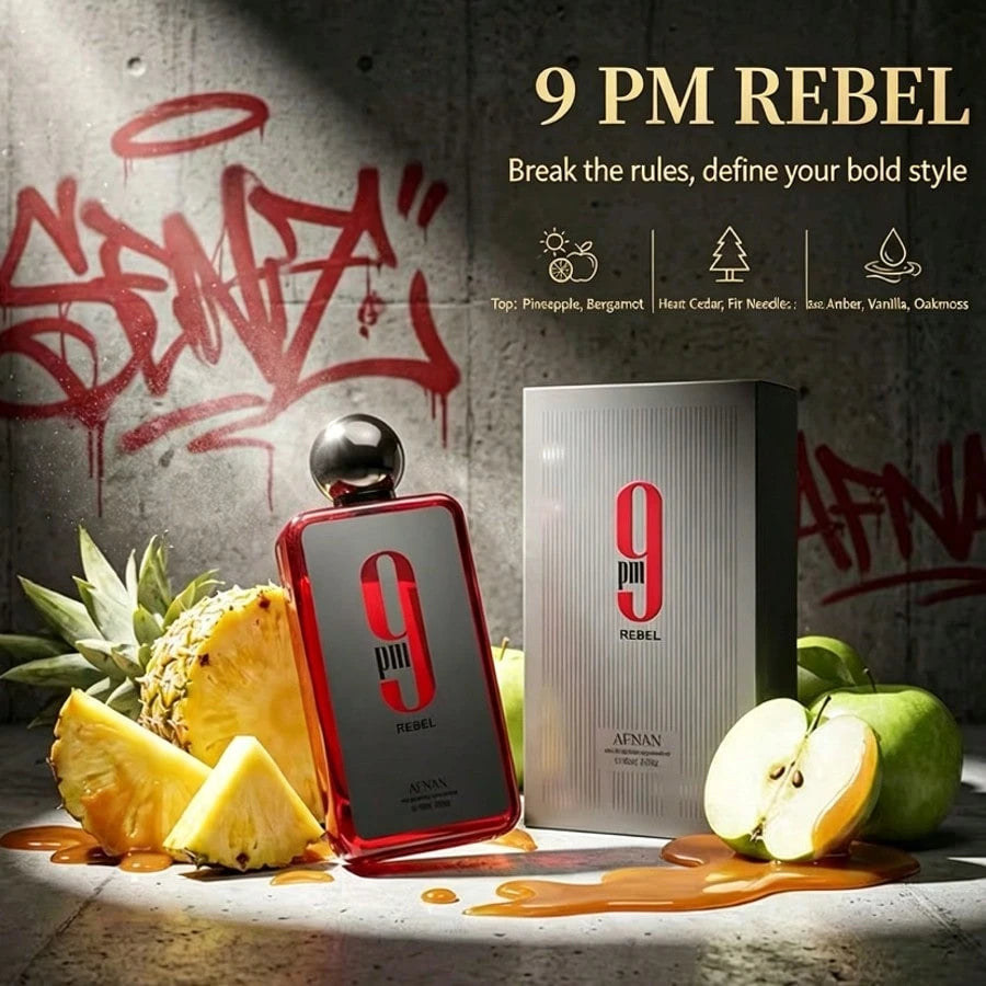 AFNAN 9PM REBEL (Oriental Flower And Fruit Wood, Fresh Fruit+Caramel Milk Wood) Men's Perfume Spray, 3.4oz100ml, Charming Fragrance, Lasting And Fresh, Exuding Charm And Self-Confidence, Suitable For