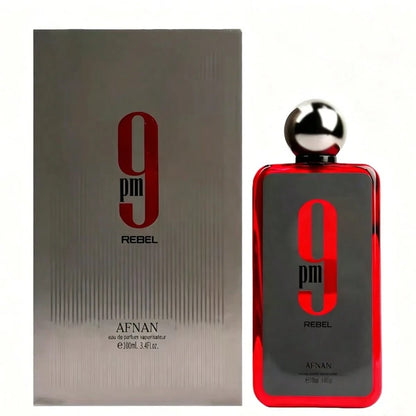 AFNAN 9PM REBEL (Oriental Flower And Fruit Wood, Fresh Fruit+Caramel Milk Wood) Men's Perfume Spray, 3.4oz100ml, Charming Fragrance, Lasting And Fresh, Exuding Charm And Self-Confidence, Suitable For