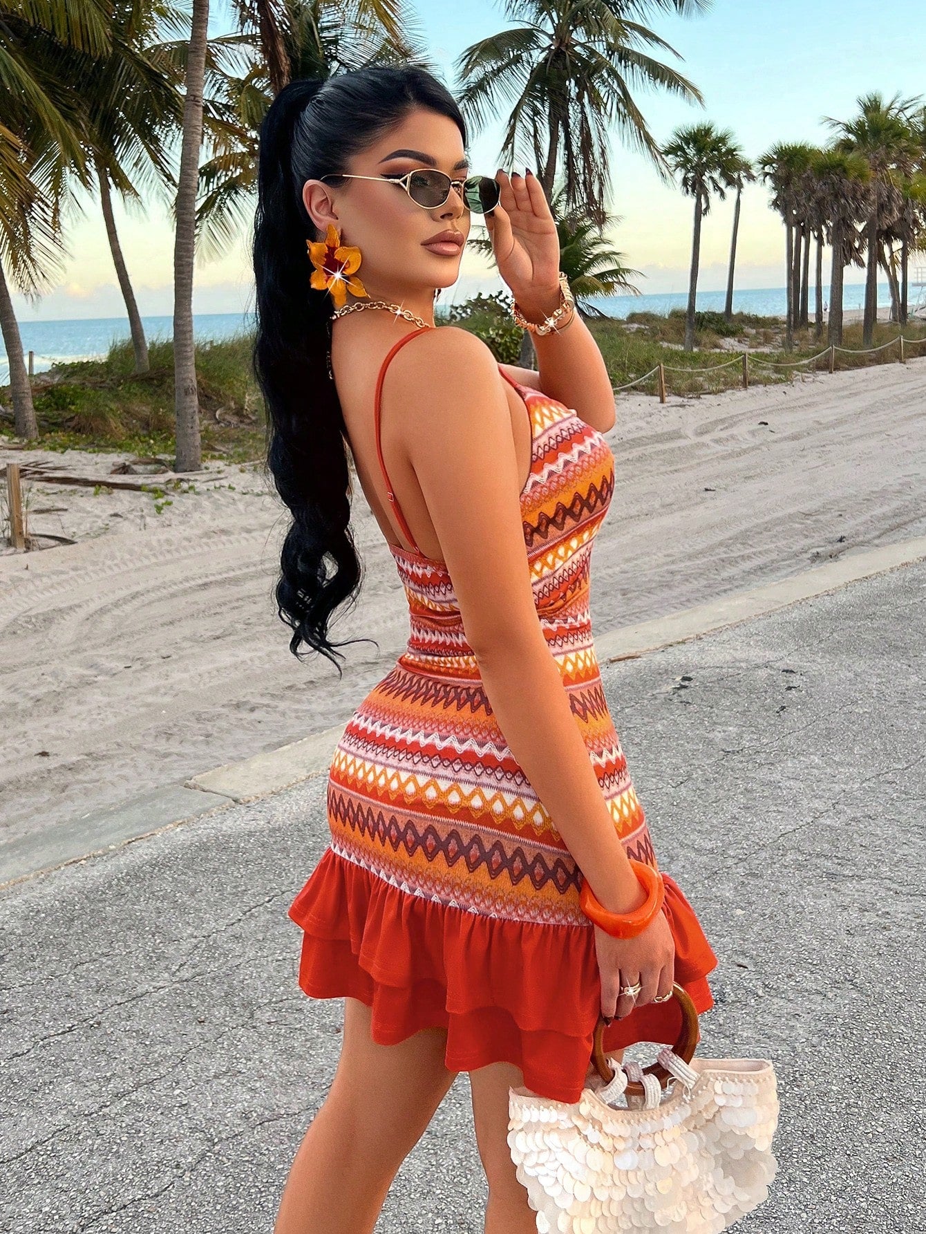 AIJ Amarilo Women's Colorful Summer Vacation Dress, With Knotted Shoulder Straps, Retro Floral Print, Fitted Ruffle Hem Mini Dress, Ideal For Beach Vacation And Outings Party Elegant