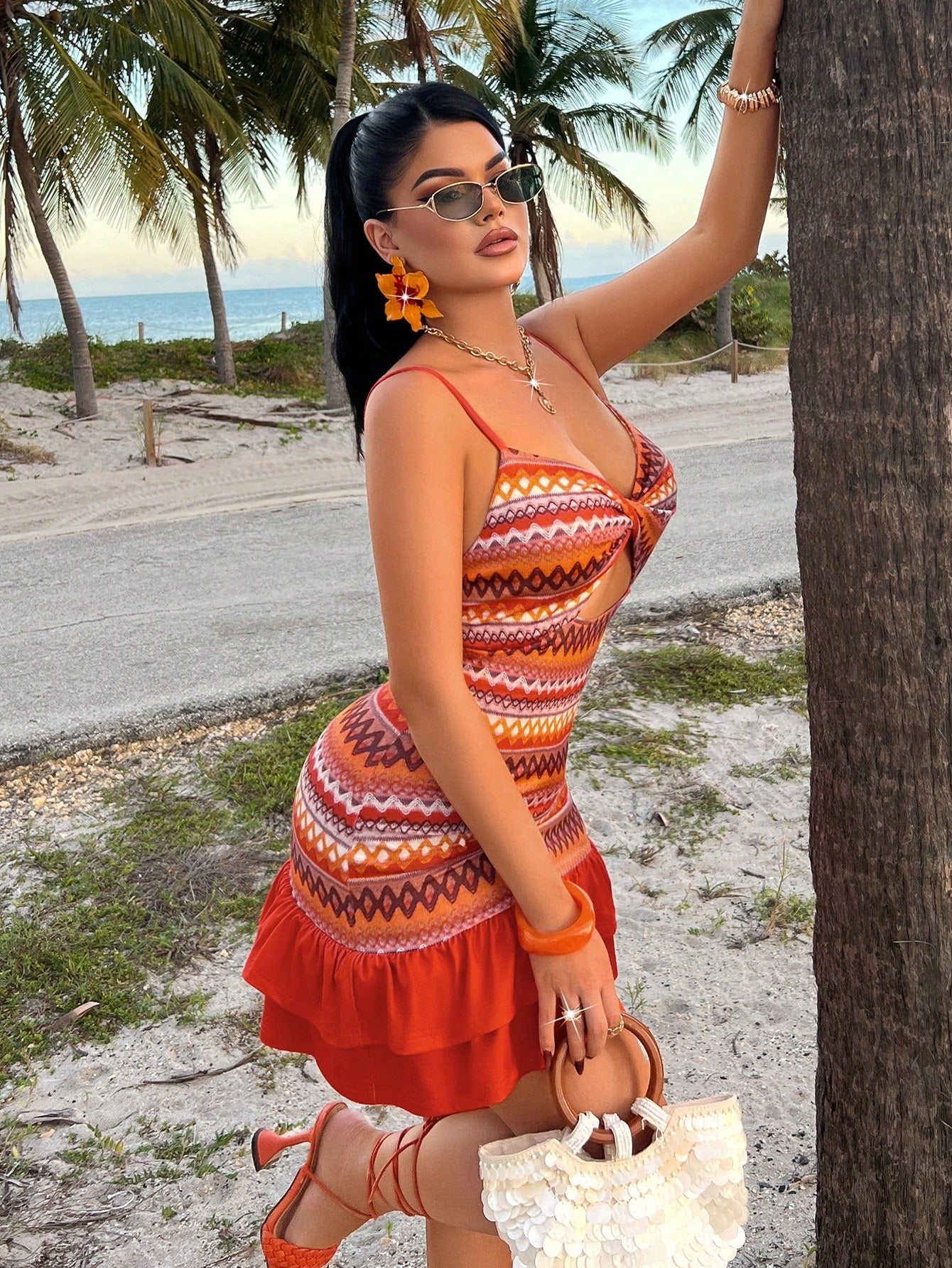 AIJ Amarilo Women's Colorful Summer Vacation Dress, With Knotted Shoulder Straps, Retro Floral Print, Fitted Ruffle Hem Mini Dress, Ideal For Beach Vacation And Outings Party Elegant