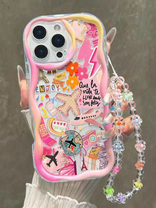 Airplane Painting Flat Printing Cream Wavy Edge Phone Case With Bracelet Strap, Thick Protective Case Soft TPU Shell, Artistic Printed Mobile Phone Cover With Wristlet, Stylish And Functional Phone Ac