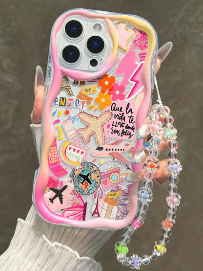 Airplane Painting Flat Printing Cream Wavy Edge Phone Case With Bracelet Strap, Thick Protective Case Soft TPU Shell, Artistic Printed Mobile Phone Cover With Wristlet, Stylish And Functional Phone Ac