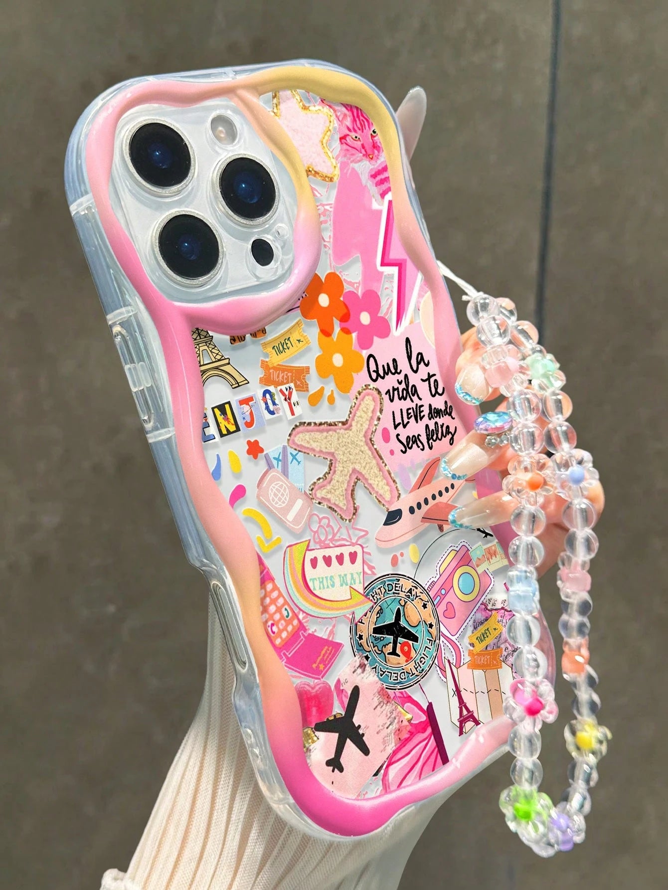Airplane Painting Flat Printing Cream Wavy Edge Phone Case With Bracelet Strap, Thick Protective Case Soft TPU Shell, Artistic Printed Mobile Phone Cover With Wristlet, Stylish And Functional Phone Ac