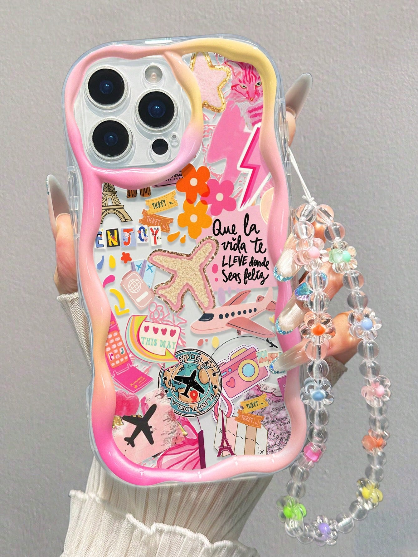 Airplane Painting Flat Printing Cream Wavy Edge Phone Case With Bracelet Strap, Thick Protective Case Soft TPU Shell, Artistic Printed Mobile Phone Cover With Wristlet, Stylish And Functional Phone Ac