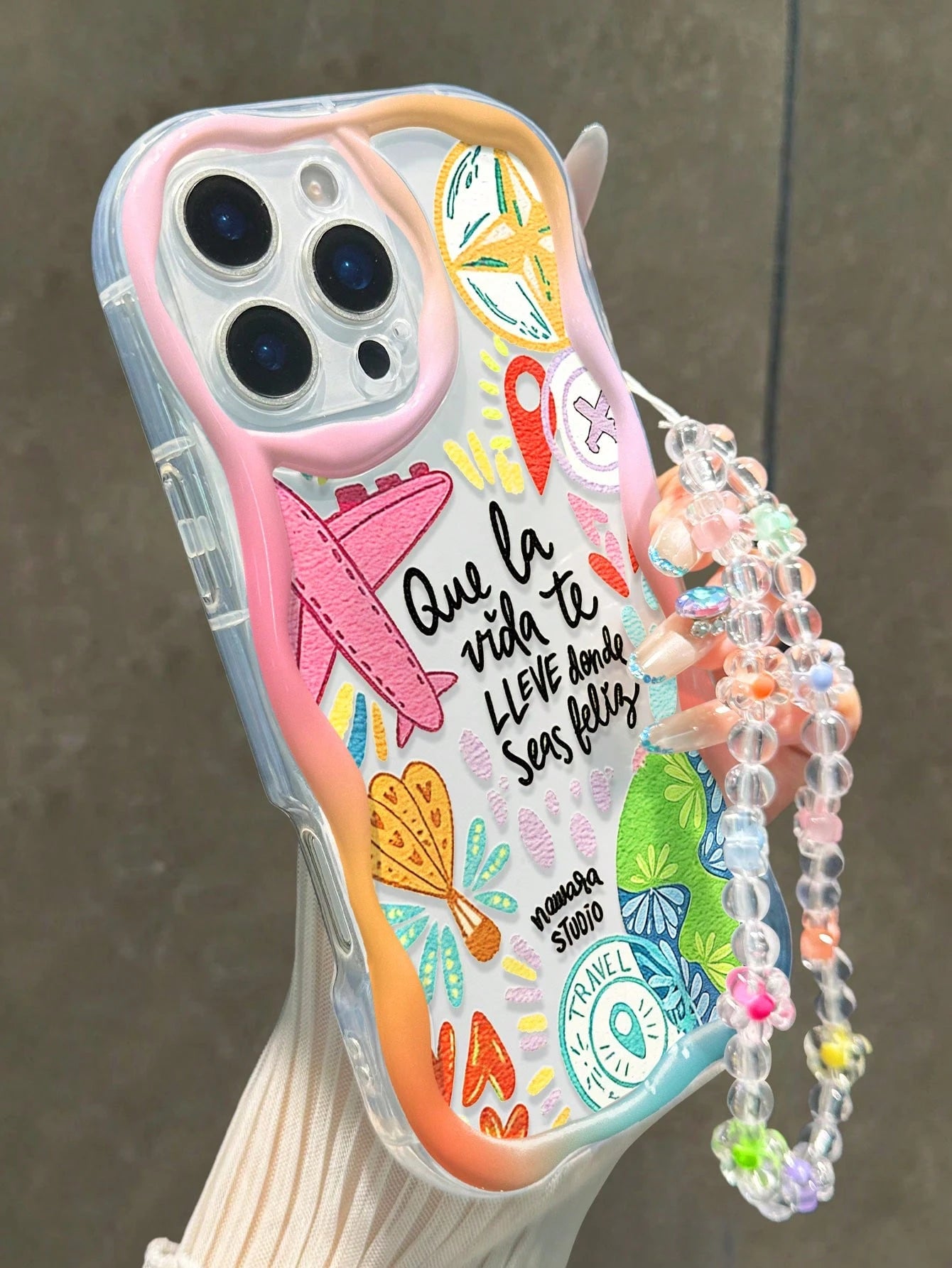 Airplane Painting Flat Printing Cream Wavy Edge Phone Case With Bracelet Strap, Thick Protective Case Soft TPU Shell, Artistic Printed Mobile Phone Cover With Wristlet, Stylish And Functional Phone Ac