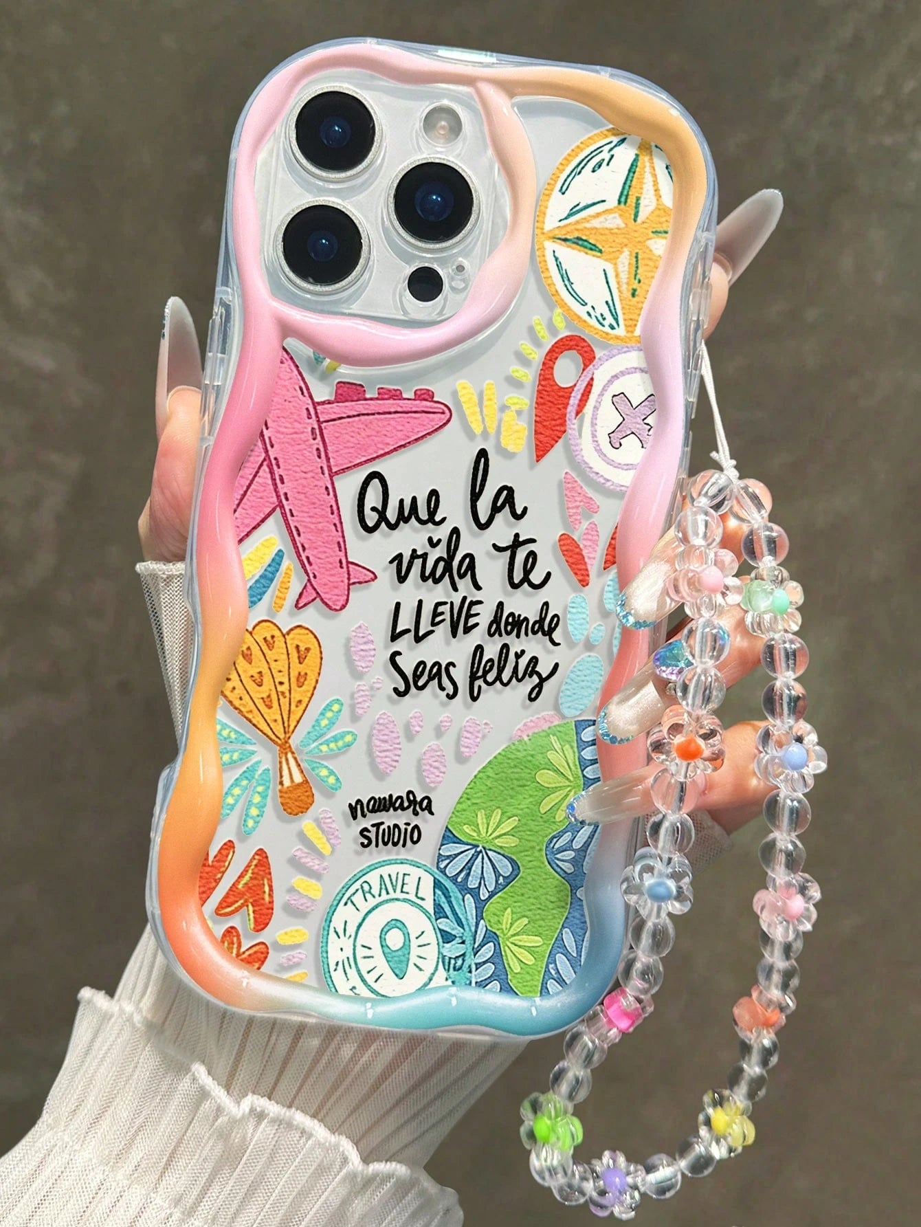 Airplane Painting Flat Printing Cream Wavy Edge Phone Case With Bracelet Strap, Thick Protective Case Soft TPU Shell, Artistic Printed Mobile Phone Cover With Wristlet, Stylish And Functional Phone Ac