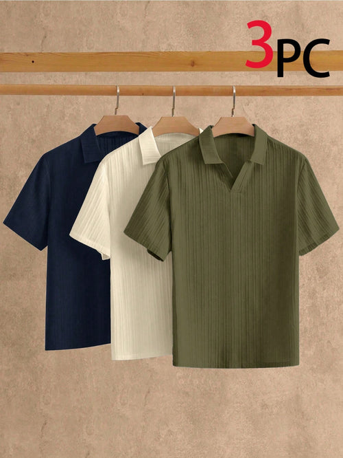 AKNOTIC 3pcs Men's Minimalist Silky Short Sleeve Polo Shirt, Summer Casual Vacation Plain Top In Olive Green, Beige, Navy Blue, Father's Day Gifts, Football
