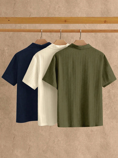AKNOTIC 3pcs Men's Minimalist Silky Short Sleeve Polo Shirt, Summer Casual Vacation Plain Top In Olive Green, Beige, Navy Blue, Father's Day Gifts, Football