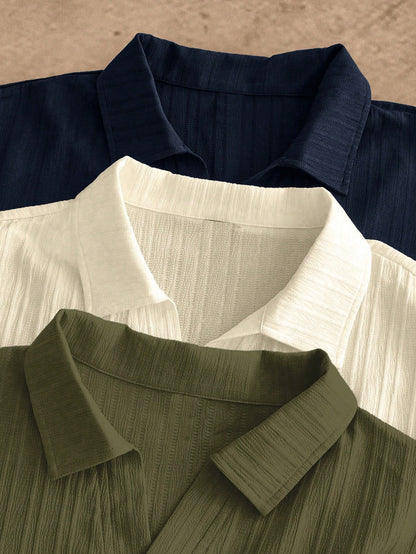 AKNOTIC 3pcs Men's Minimalist Silky Short Sleeve Polo Shirt, Summer Casual Vacation Plain Top In Olive Green, Beige, Navy Blue, Father's Day Gifts, Football