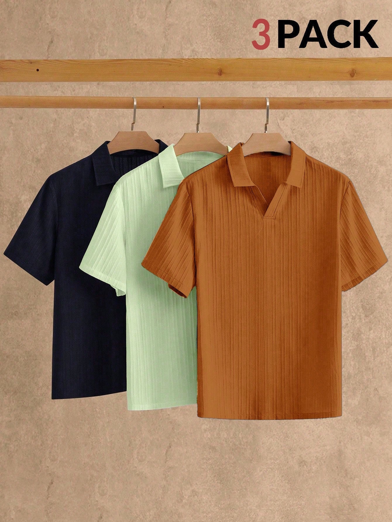 AKNOTIC 3pcs Men's Minimalist Silky Short Sleeve Polo Shirt, Summer Casual Vacation Plain Top In Olive Green, Beige, Navy Blue, Father's Day Gifts, Football