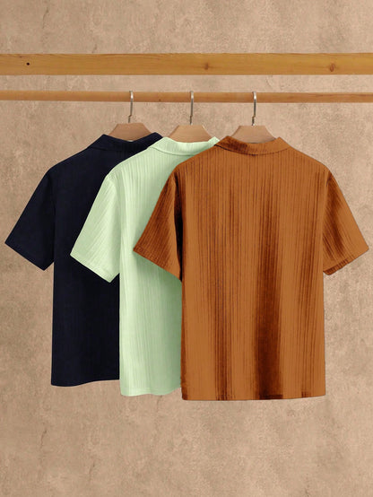 AKNOTIC 3pcs Men's Minimalist Silky Short Sleeve Polo Shirt, Summer Casual Vacation Plain Top In Olive Green, Beige, Navy Blue, Father's Day Gifts, Football