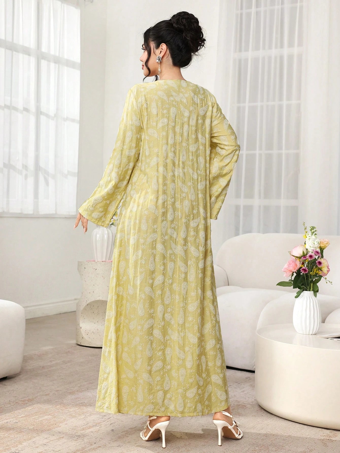 Al Najma New Print V-Neck High Waist A-Line Long Sleeve Arabic Style Dress