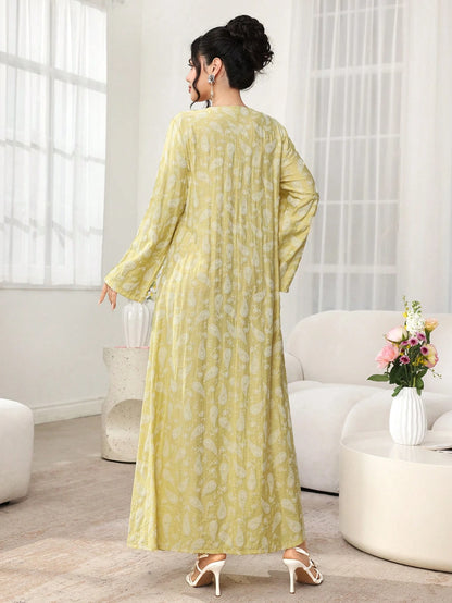Al Najma New Print V-Neck High Waist A-Line Long Sleeve Arabic Style Dress
