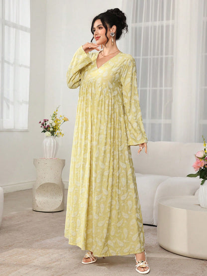Al Najma New Print V-Neck High Waist A-Line Long Sleeve Arabic Style Dress