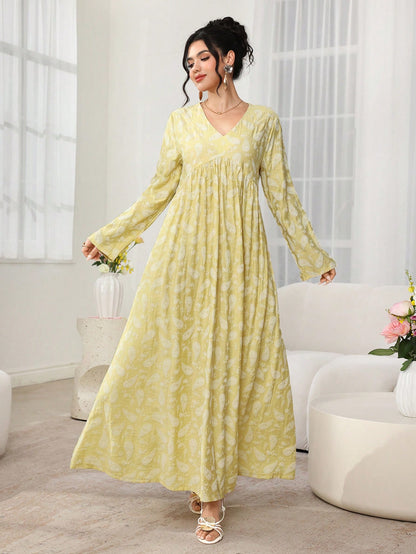 Al Najma New Print V-Neck High Waist A-Line Long Sleeve Arabic Style Dress