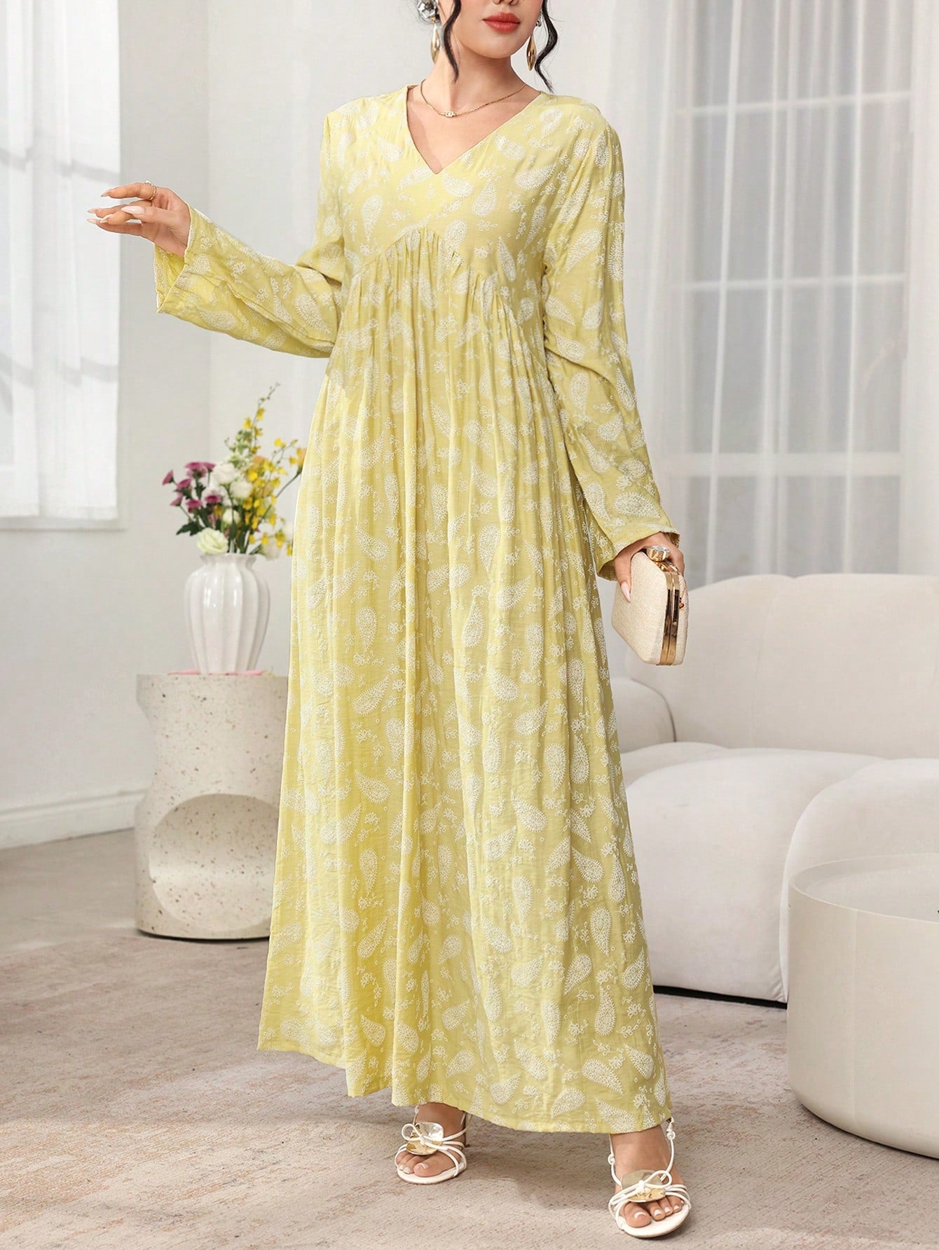 Al Najma New Print V-Neck High Waist A-Line Long Sleeve Arabic Style Dress