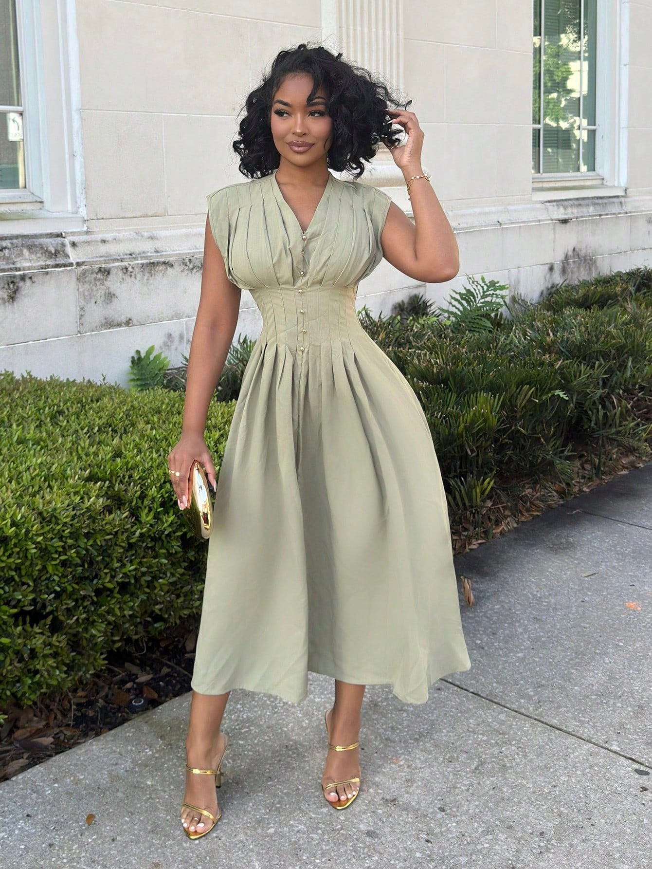 Alexandranx V-Neck Waist Gathered A-Line Elegant Romantic Versatile Commuter Dress Women Casual Dress Woman S Summer Clothes Business Casual Woman