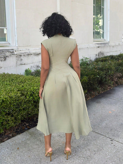 Alexandranx V-Neck Waist Gathered A-Line Elegant Romantic Versatile Commuter Dress Women Casual Dress Woman S Summer Clothes Business Casual Woman