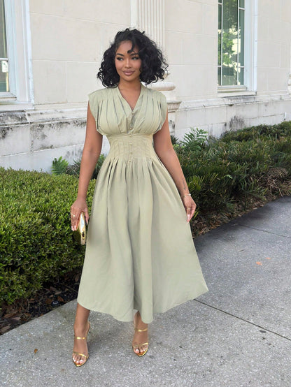 Alexandranx V-Neck Waist Gathered A-Line Elegant Romantic Versatile Commuter Dress Women Casual Dress Woman S Summer Clothes Business Casual Woman