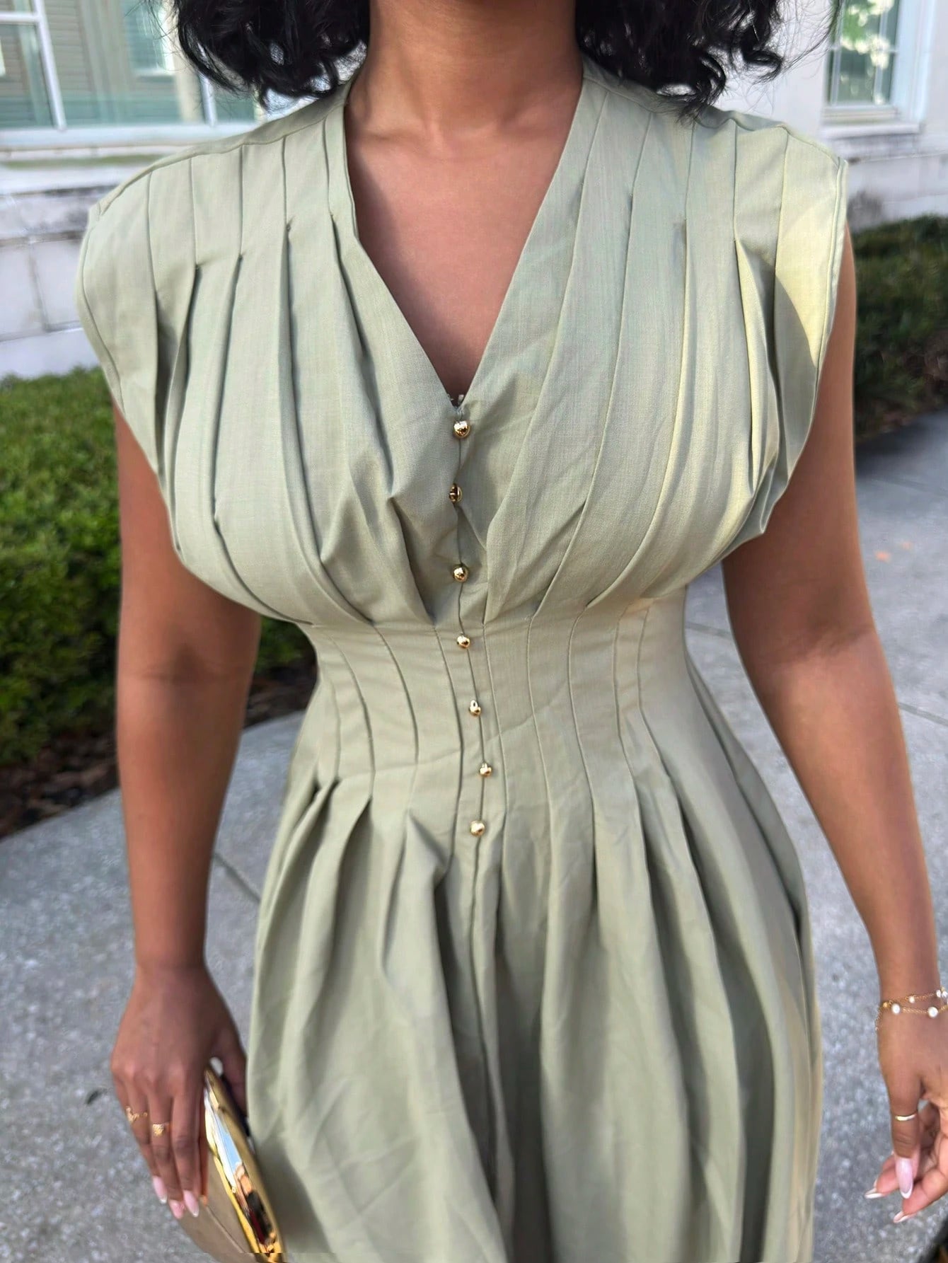 Alexandranx V-Neck Waist Gathered A-Line Elegant Romantic Versatile Commuter Dress Women Casual Dress Woman S Summer Clothes Business Casual Woman