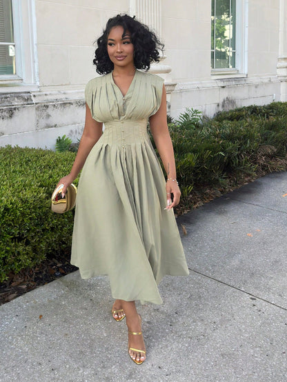 Alexandranx V-Neck Waist Gathered A-Line Elegant Romantic Versatile Commuter Dress Women Casual Dress Woman S Summer Clothes Business Casual Woman