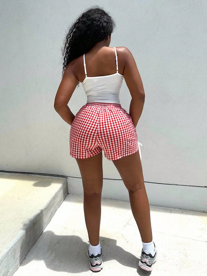 Alexandranx Women's Fashion Red Woven Plaid Shorts For Summer Valentine's Day