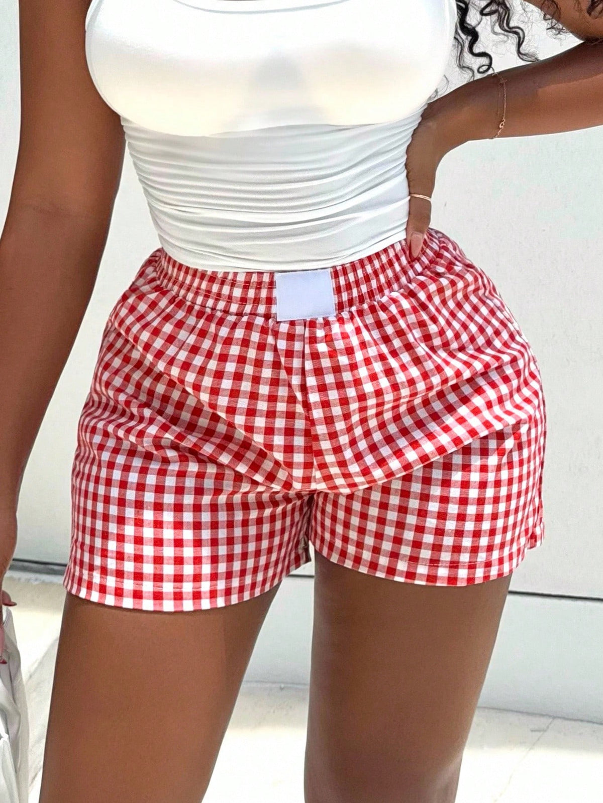 Alexandranx Women's Fashion Red Woven Plaid Shorts For Summer Valentine's Day