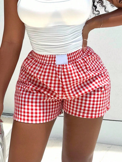 Alexandranx Women's Fashion Red Woven Plaid Shorts For Summer Valentine's Day