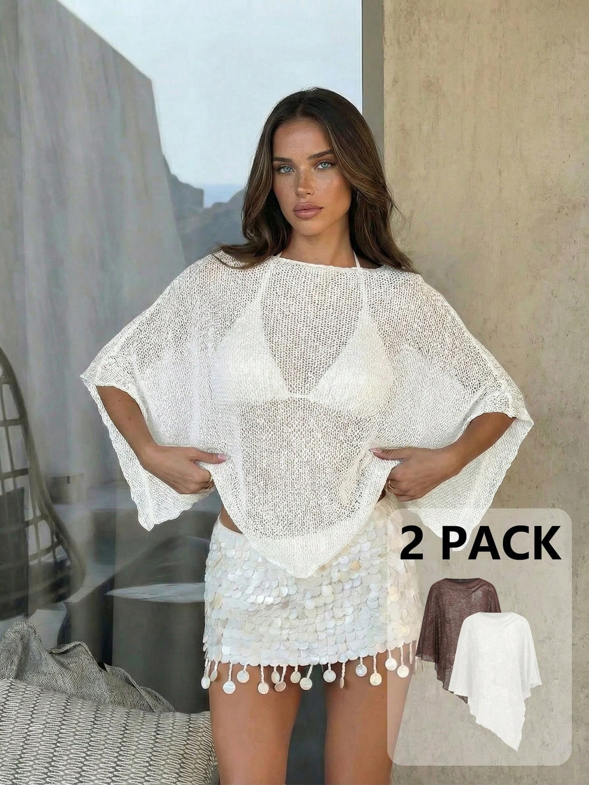 Aloruh 2 Pack Women's White Chocolate Brown Summer Boho Sexy Knitted Jacquard Hollow-Out Halter Shawl Collar Multiwear Holiday Vacation Cover Up Beach