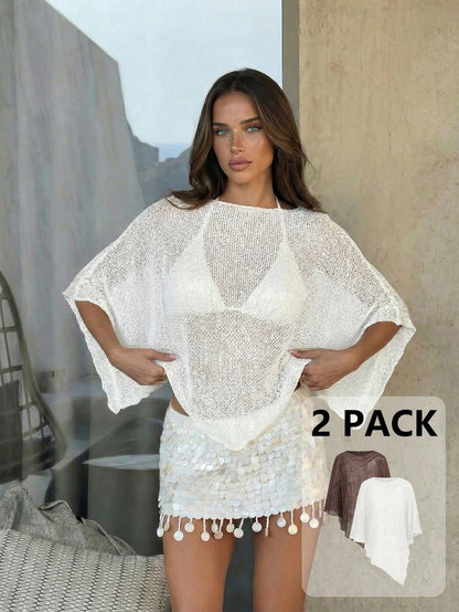Aloruh 2 Pack Women's White Chocolate Brown Summer Boho Sexy Knitted Jacquard Hollow-Out Halter Shawl Collar Multiwear Holiday Vacation Cover Up Beach