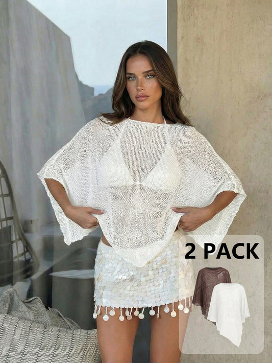 Aloruh 2 Pack Women's White Chocolate Brown Summer Boho Sexy Knitted Jacquard Hollow-Out Halter Shawl Collar Multiwear Holiday Vacation Cover Up Beach