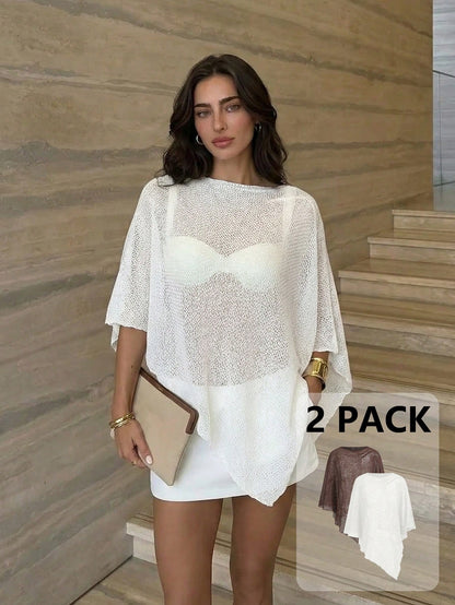 Aloruh 2 Pack Women's White Chocolate Brown Summer Boho Sexy Knitted Jacquard Hollow-Out Halter Shawl Collar Multiwear Holiday Vacation Cover Up Beach