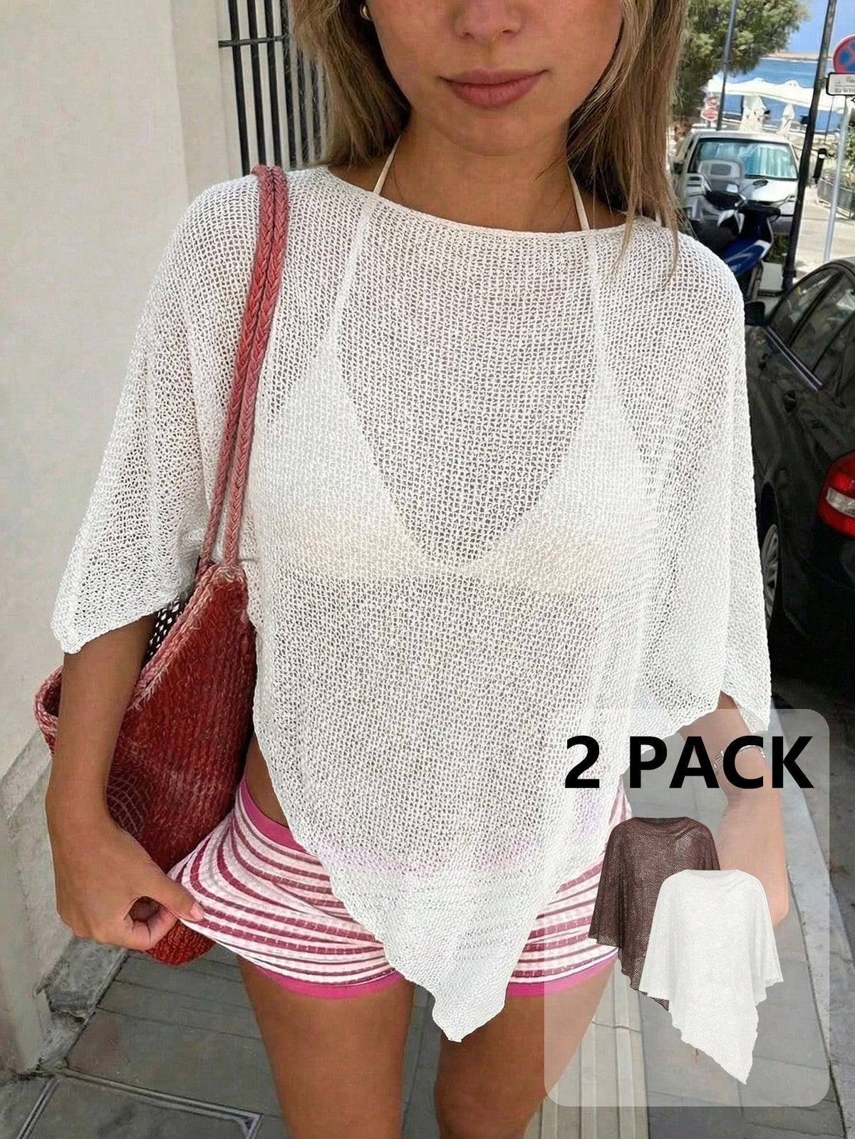 Aloruh 2 Pack Women's White Chocolate Brown Summer Boho Sexy Knitted Jacquard Hollow-Out Halter Shawl Collar Multiwear Holiday Vacation Cover Up Beach