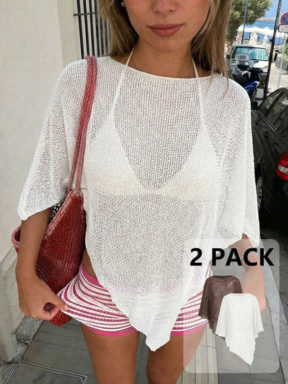 Aloruh 2 Pack Women's White Chocolate Brown Summer Boho Sexy Knitted Jacquard Hollow-Out Halter Shawl Collar Multiwear Holiday Vacation Cover Up Beach