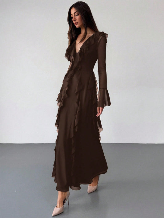 Aloruh Black Knit Mesh Deep V-Neck Long Sleeve Ruffle Hem Dress,Wedding Guest Dress Women