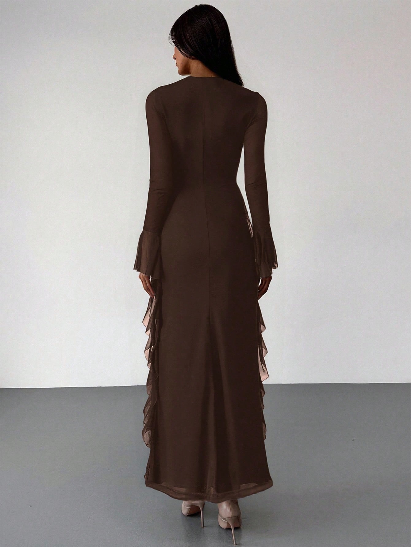 Aloruh Black Knit Mesh Deep V-Neck Long Sleeve Ruffle Hem Dress,Wedding Guest Dress Women