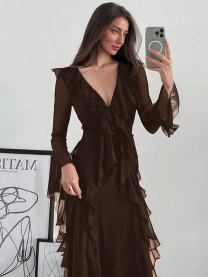 Aloruh Black Knit Mesh Deep V-Neck Long Sleeve Ruffle Hem Dress,Wedding Guest Dress Women