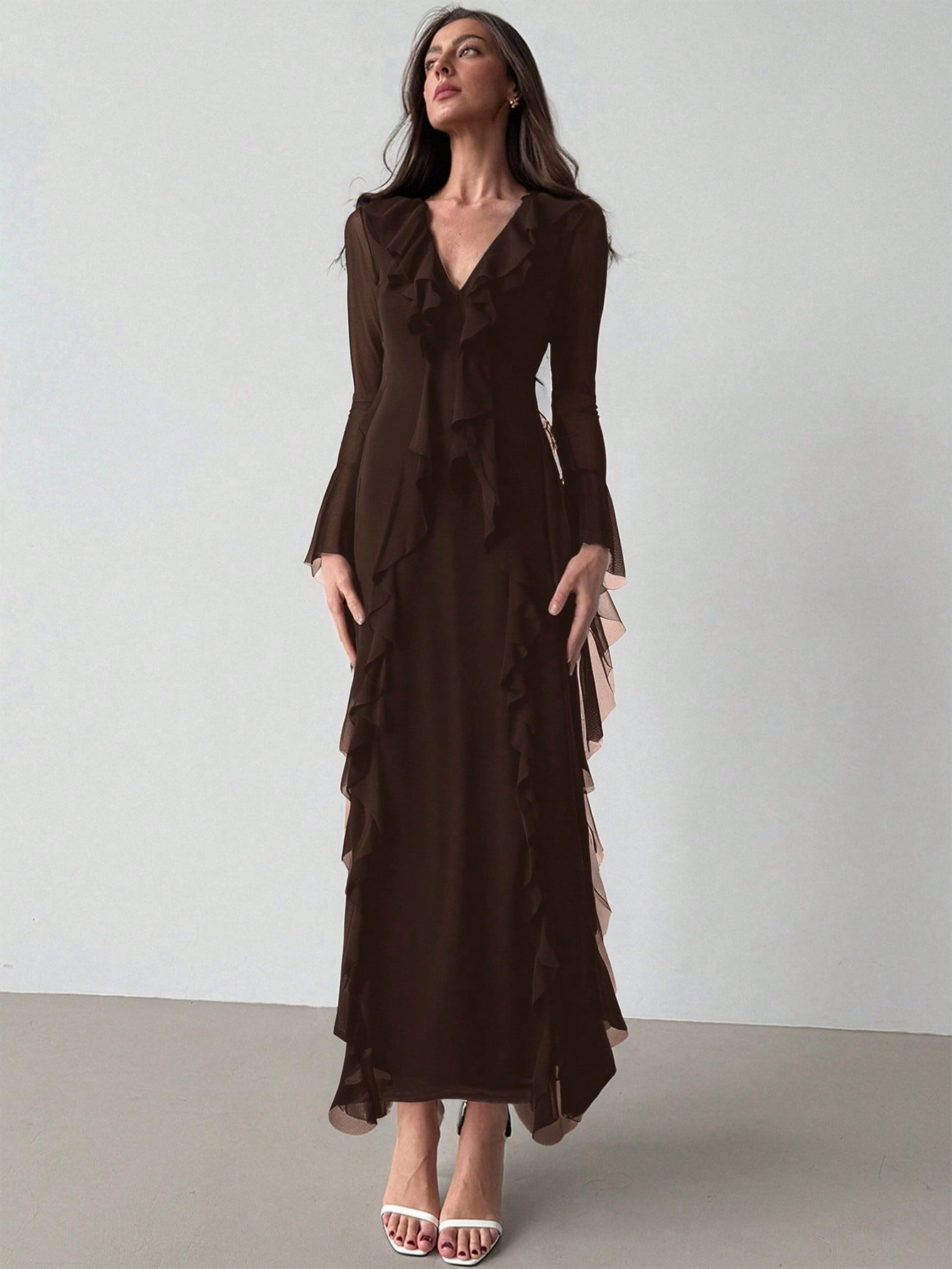 Aloruh Black Knit Mesh Deep V-Neck Long Sleeve Ruffle Hem Dress,Wedding Guest Dress Women