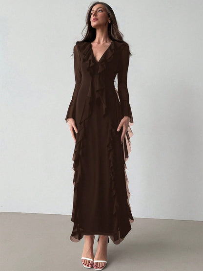 Aloruh Black Knit Mesh Deep V-Neck Long Sleeve Ruffle Hem Dress,Wedding Guest Dress Women